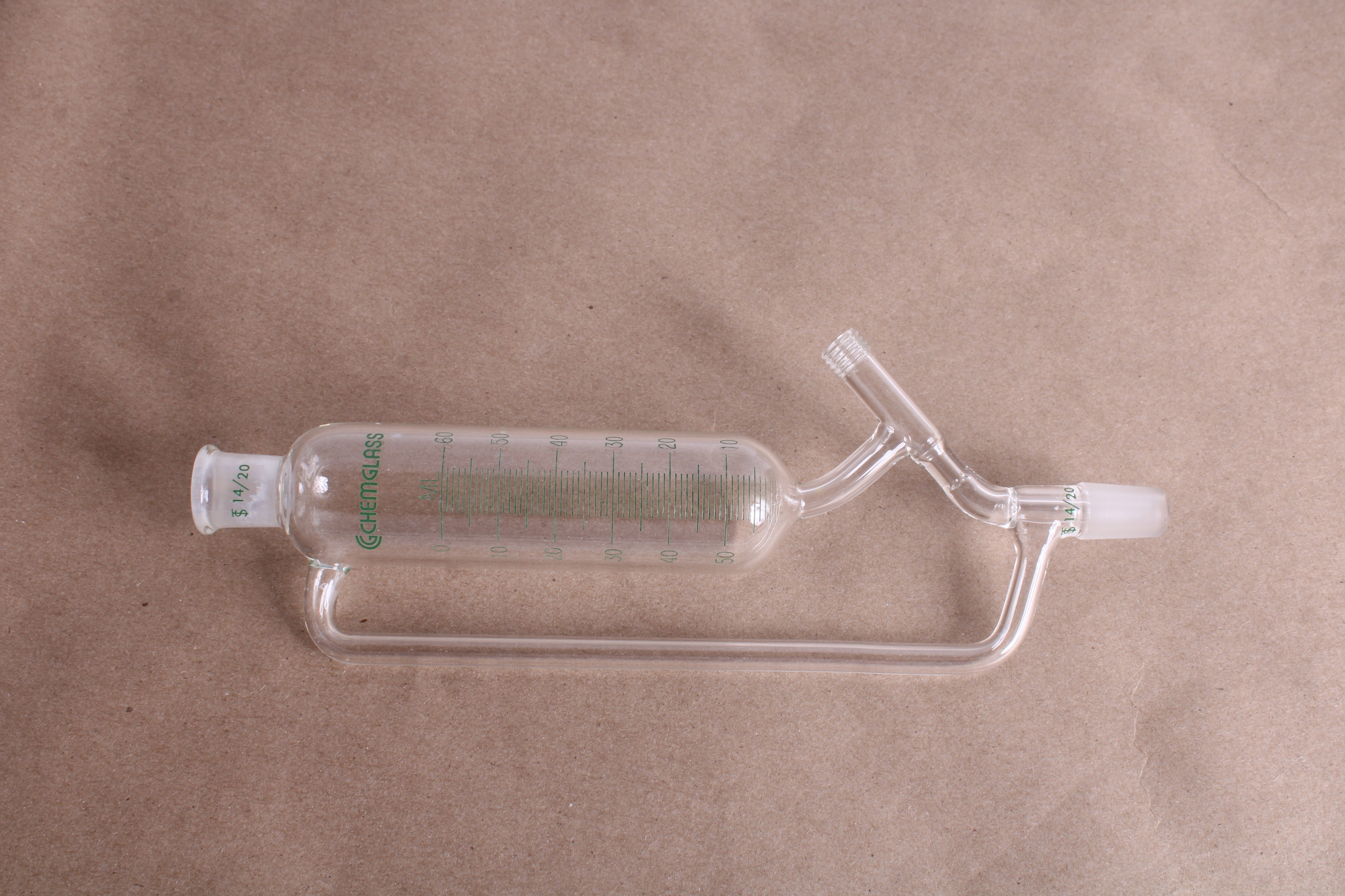 Chemglass 60mL Addition Funnel, Graduated 14/20 Joint Size 02mm PTFE