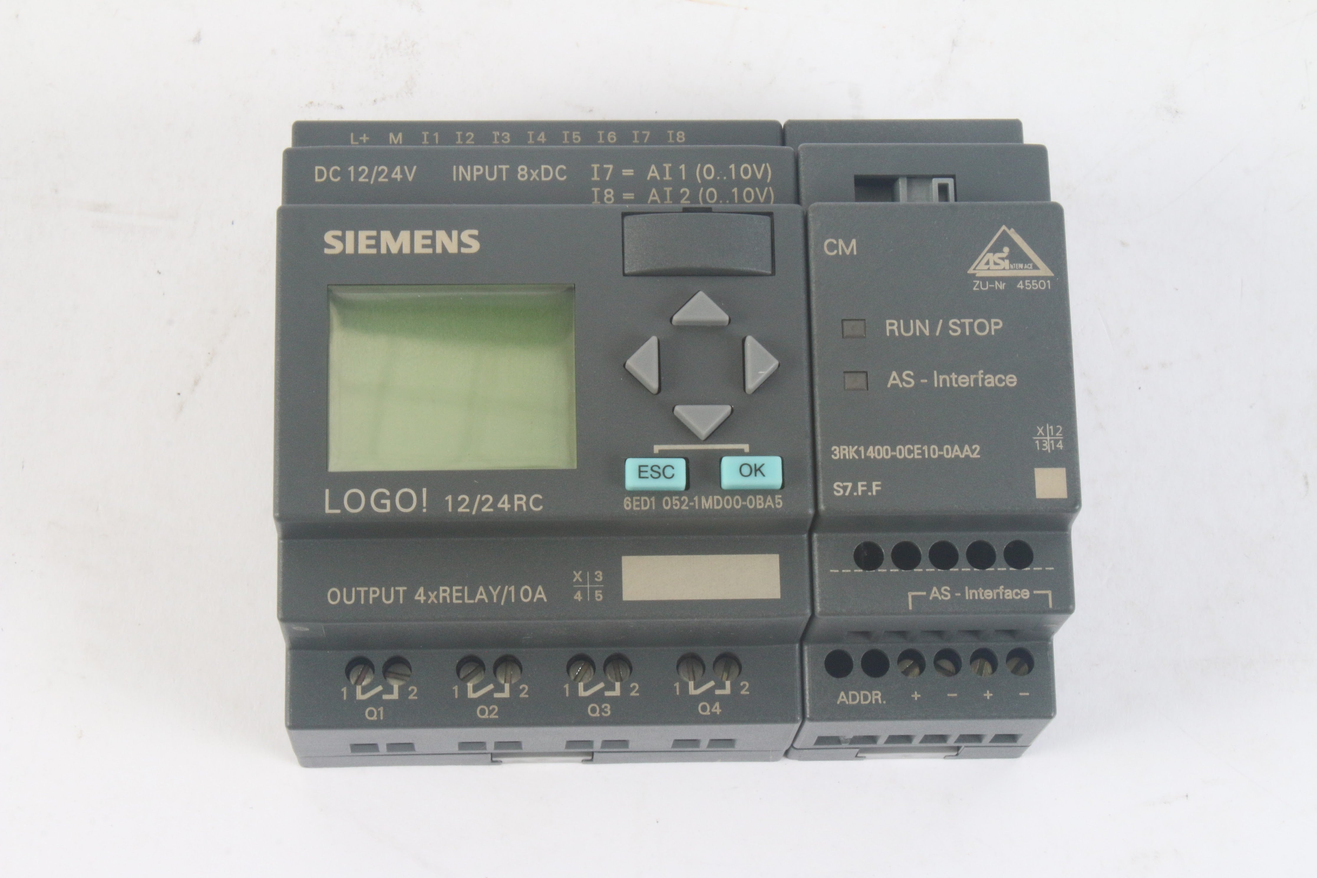 Siemens 6ED1 052-1MD00-0BA5 Logic Module w/ 3RK1400-0CE10-AA2 I/O Modu ...