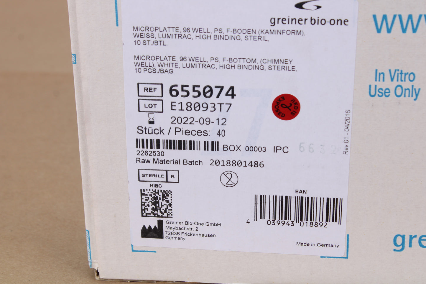 Greiner Bio One 655074 Microplate 96 Well PS White 10 PCS / Bag 40