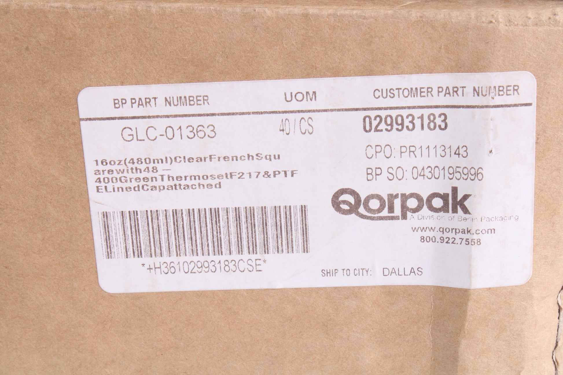 QORPAK GLC01363 16oz(480ml) Clear French Square Bottle QTY 45 No C