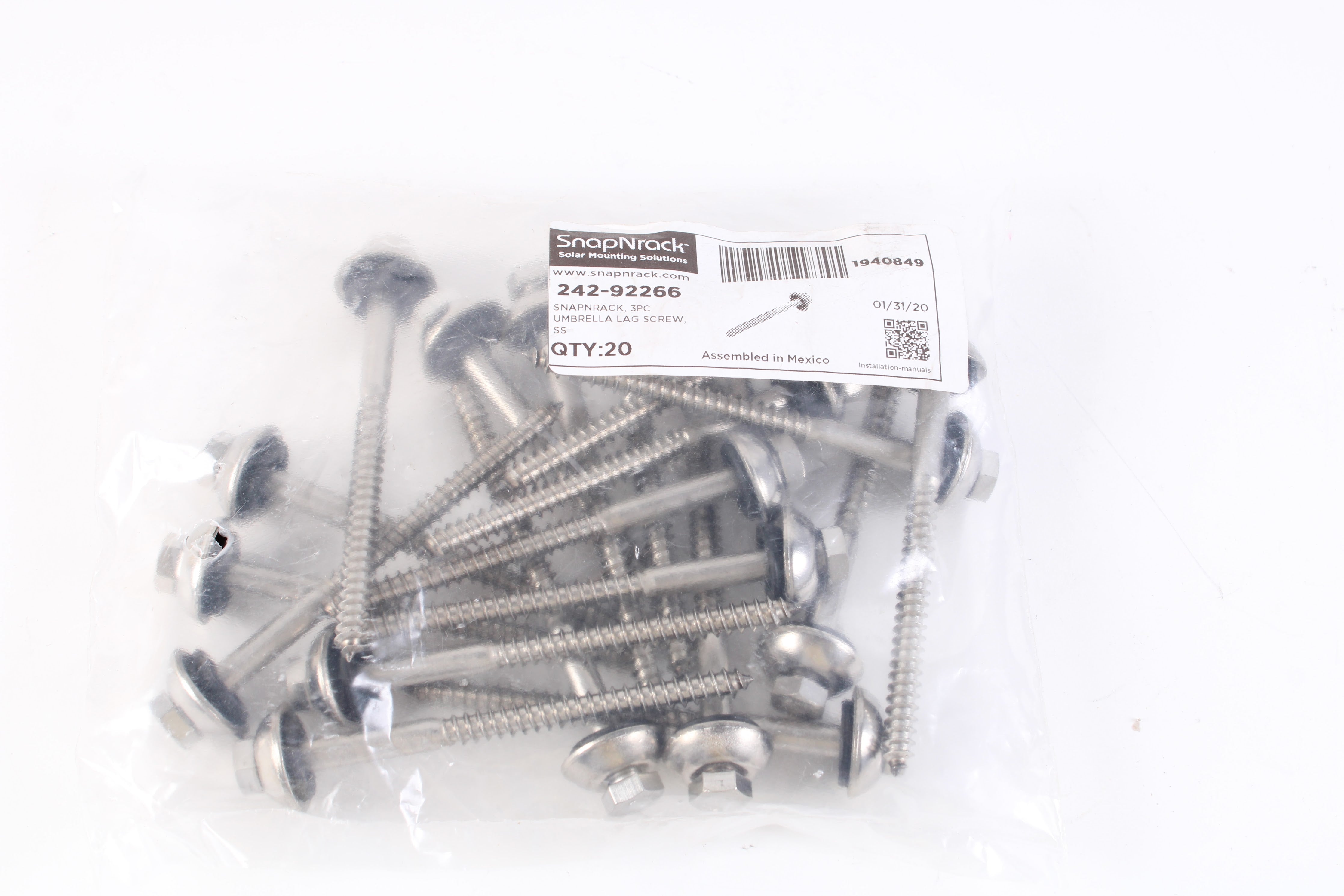 SnapNrack Ultra Rail 242-92266 3PC Umbrella 4" Lag Screw Stainless Ste ...