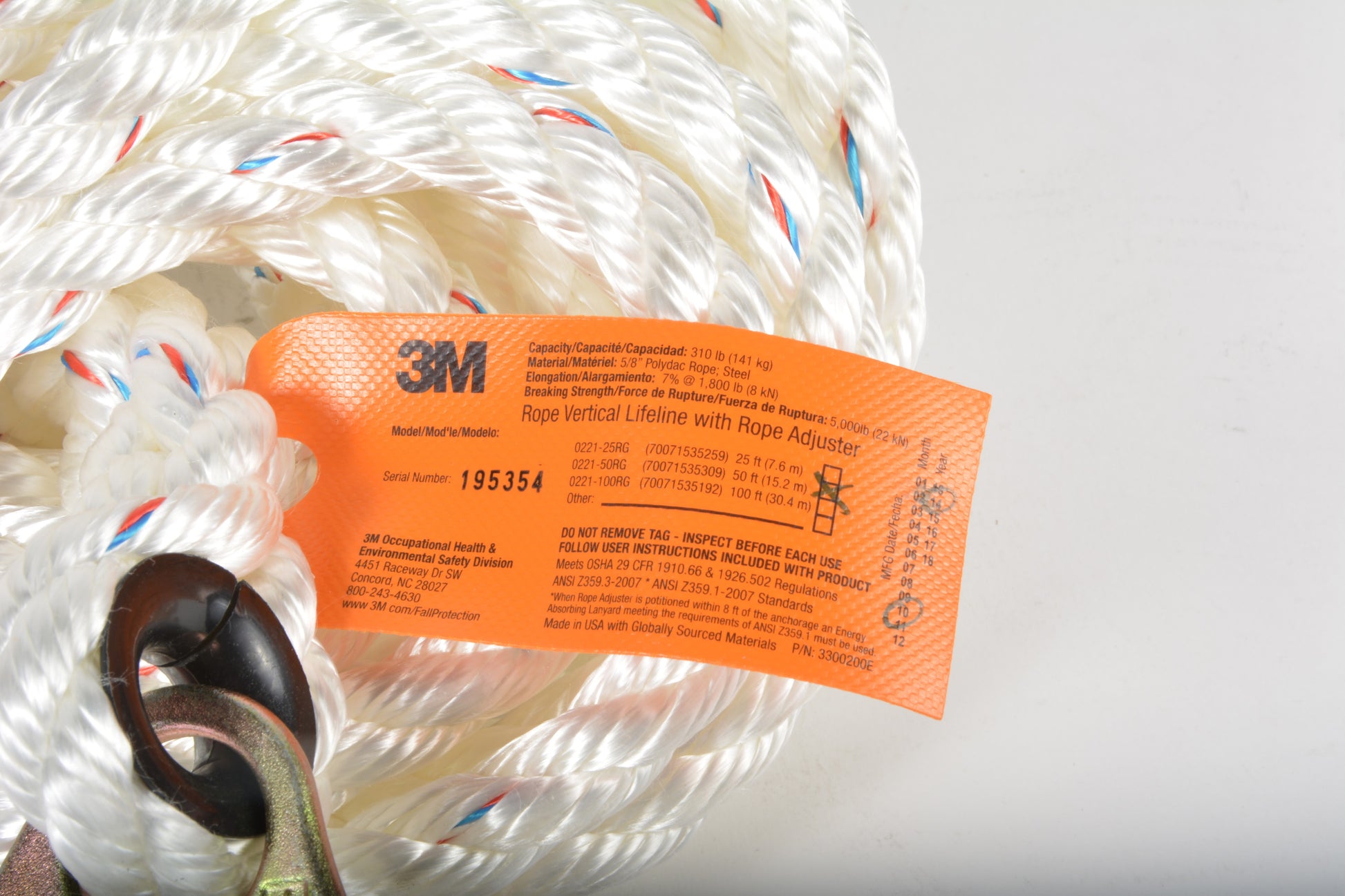 3M 0221-50RG 50ft (15.2m) Vertical Lifeline W/ Rope Adjuster – NTC Tech